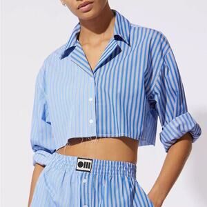 NWT Solid & Striped The Rosalie Top Blue & White Cropped Long Sleeve Button Up